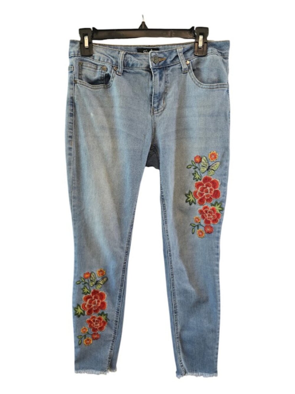 COTTON DENIM JEANS EARL JEAN EMBROIDERED FLORAL SKINNY ANKLE JEAN 6 DISTRESSED